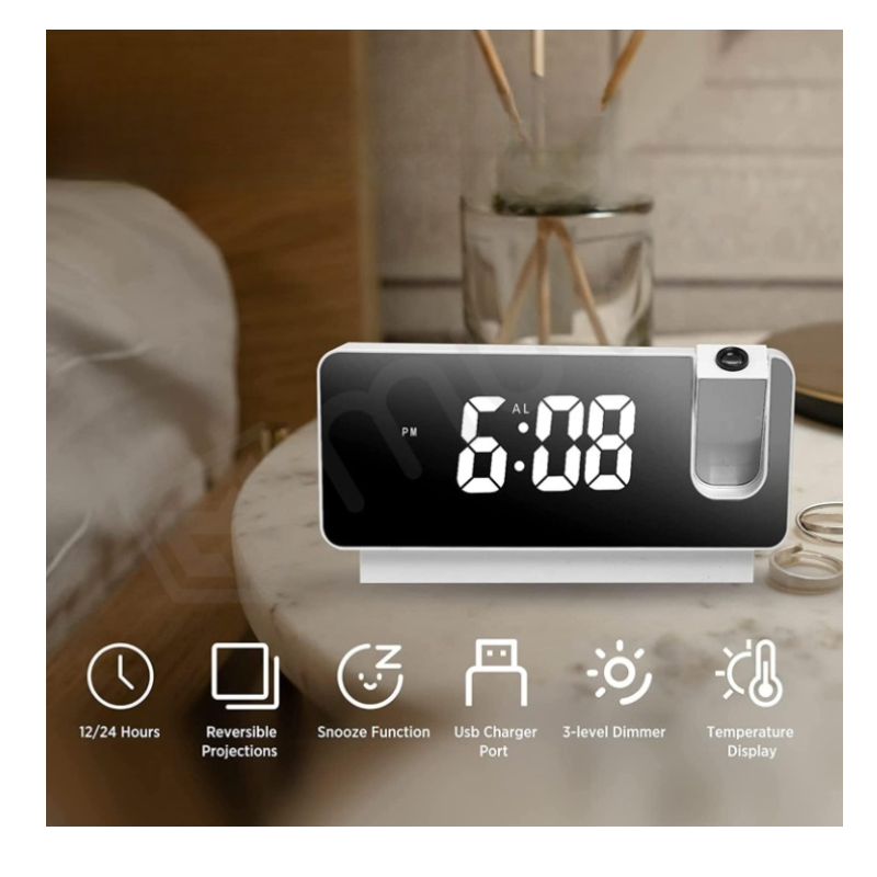 Projection Alarm Clock Time Date Temperature Display 180 Degree Wide Angle Main Image